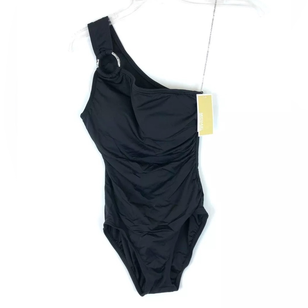 Michael Kors Womenβs Iconic Black One Shoulder One Piece Padded Swimsuit Size 4